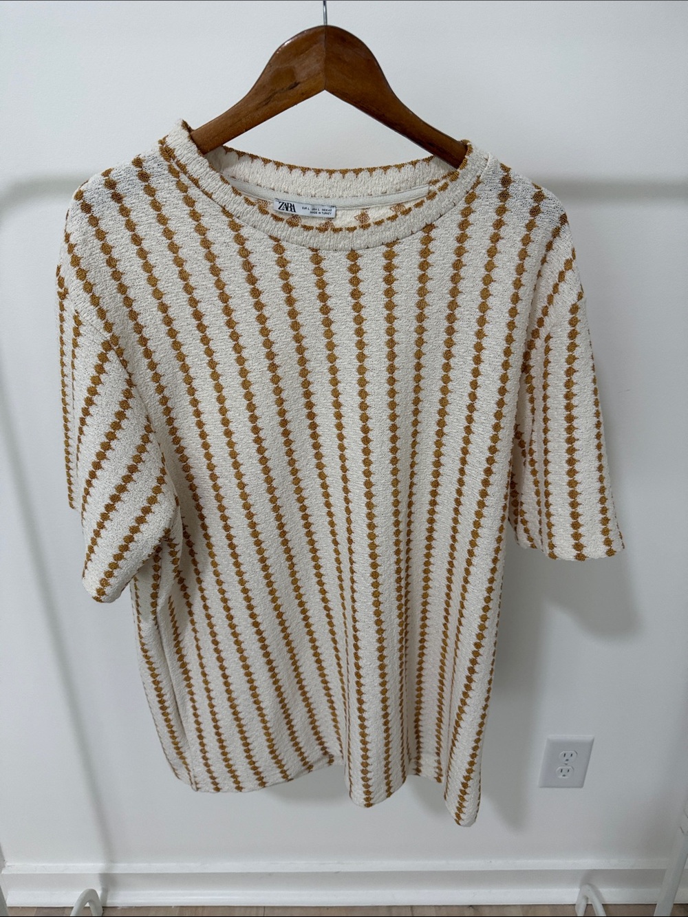 Zara Cream and Tan Striped Knit Short-Sleeve Sweater